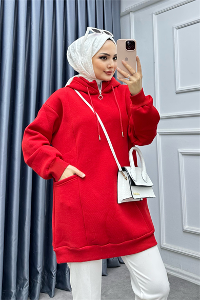 Yakası Fermuarlı Torba Cep Sweat Kırmızıı