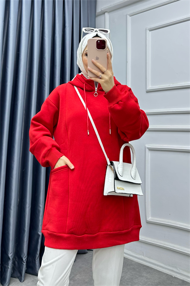 Yakası Fermuarlı Torba Cep Sweat Kırmızıı