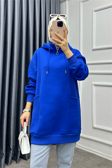 Yakası Fermuarlı Torba Cep Sweat Saks