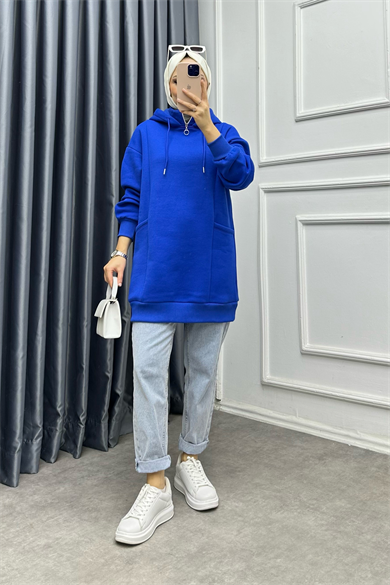 Yakası Fermuarlı Torba Cep Sweat Saks