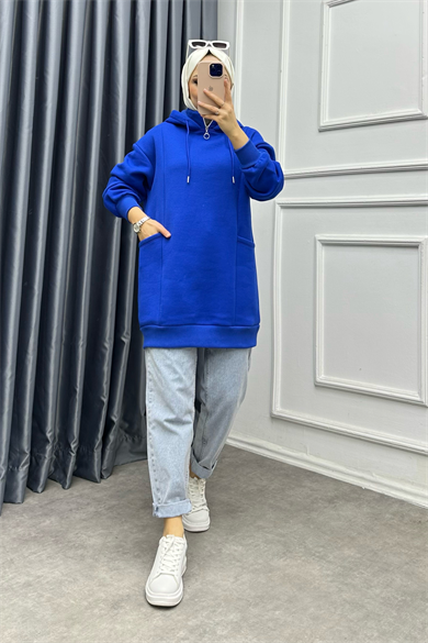 Yakası Fermuarlı Torba Cep Sweat Saks