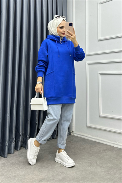 Yakası Fermuarlı Torba Cep Sweat Saks