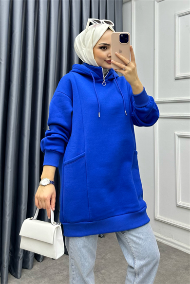 Yakası Fermuarlı Torba Cep Sweat Saks