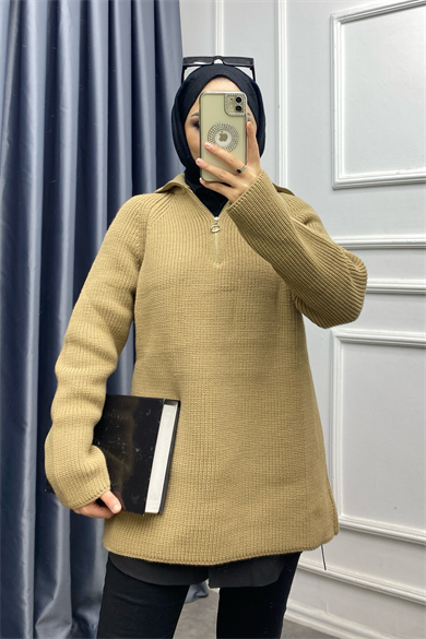 Yakası Fermuarlı Triko Tunik Camel