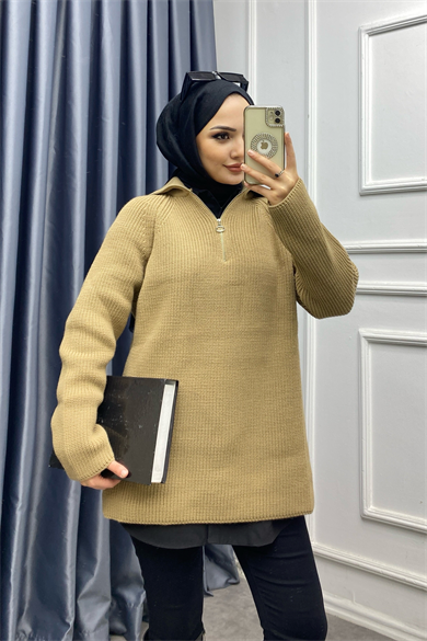 Yakası Fermuarlı Triko Tunik Camel