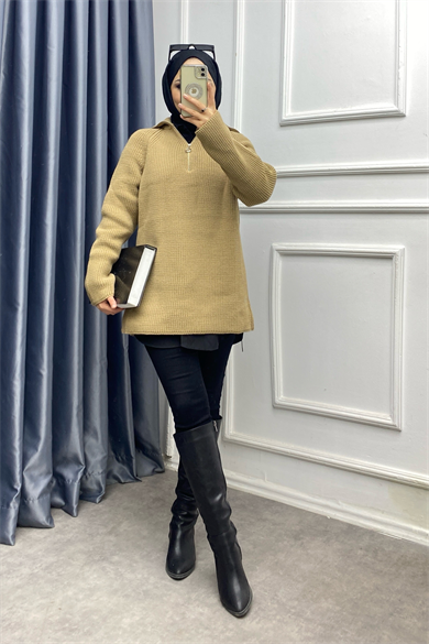 Yakası Fermuarlı Triko Tunik Camel