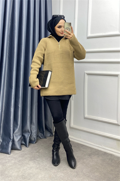 Yakası Fermuarlı Triko Tunik Camel