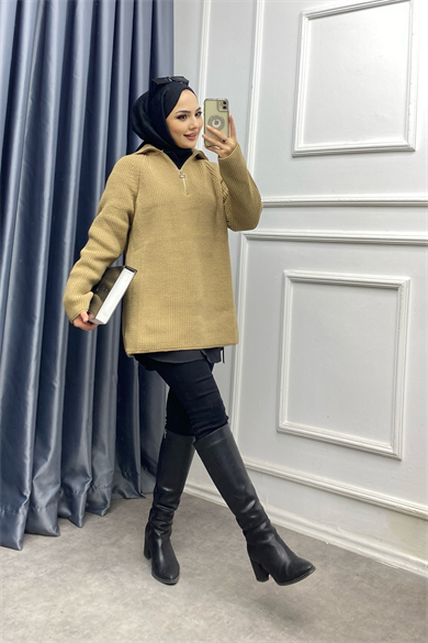 Yakası Fermuarlı Triko Tunik Camel
