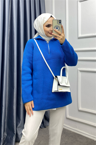 Yakası Fermuarlı Triko Tunik Mavi