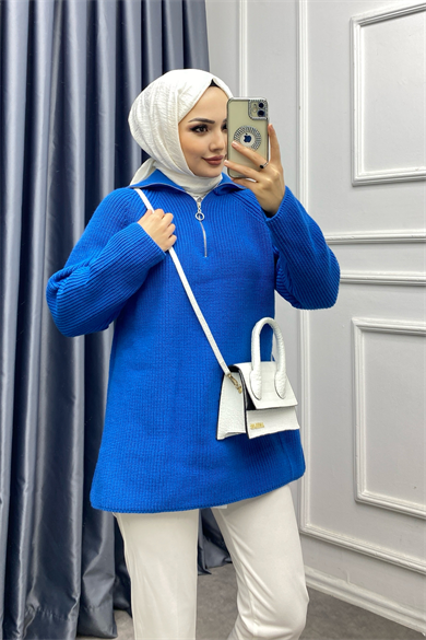 Yakası Fermuarlı Triko Tunik Mavi