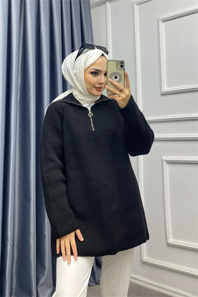 Yakası Fermuarlı Triko Tunik Siyah