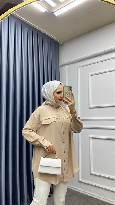 Yakası Fırfır Detaylı Tunik Bej