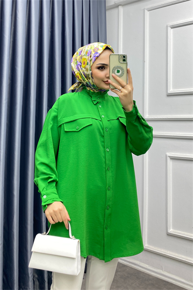 Yakası Fırfır Detaylı Tunik Yeşil