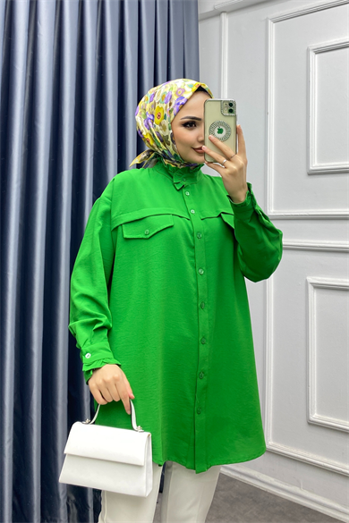 Yakası Fırfır Detaylı Tunik Yeşil