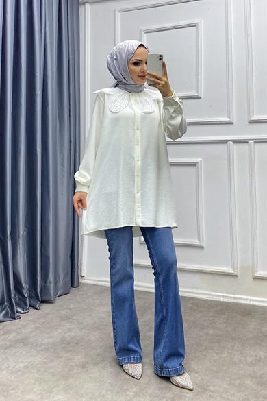 Yakası Güpürlü Tunik Beyaz 