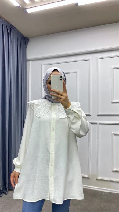Yakası Güpürlü Tunik Beyaz 