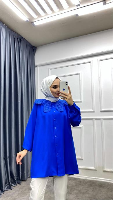 Yakası Güpürlü Tunik Saks
