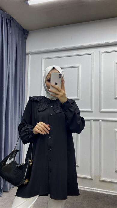Yakası Güpürlü Tunik Siyah
