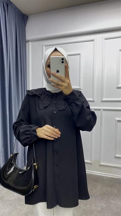 Yakası Güpürlü Tunik Siyah