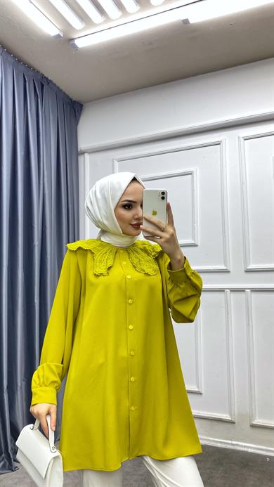 Yakası Güpürlü Tunik Yağ Yeşili 