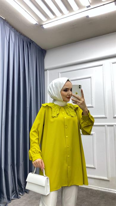 Yakası Güpürlü Tunik Yağ Yeşili 
