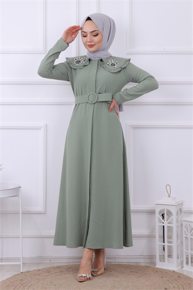 Yakası Taş İşlemeli Abaya-Ferace