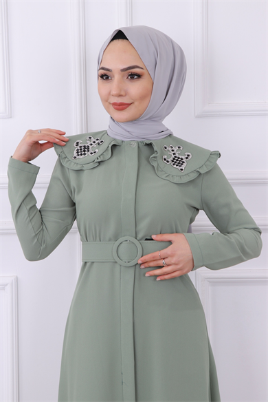 Yakası Taş İşlemeli Abaya-Ferace