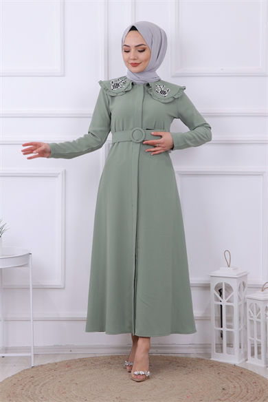 Yakası Taş İşlemeli Abaya-Ferace