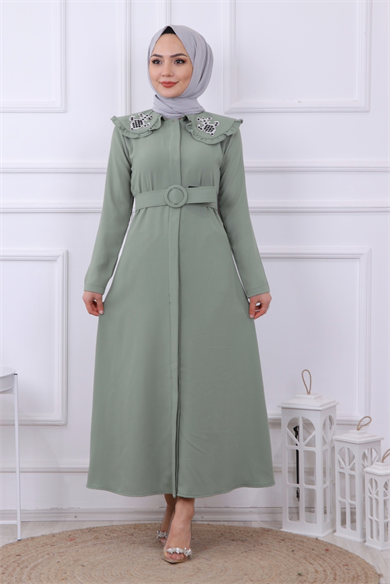 Yakası Taş İşlemeli Abaya-Ferace