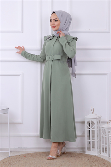 Yakası Taş İşlemeli Abaya-Ferace