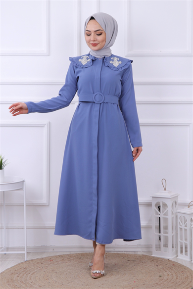Yakası Taş İşlemeli Abaya-Ferace İndigo