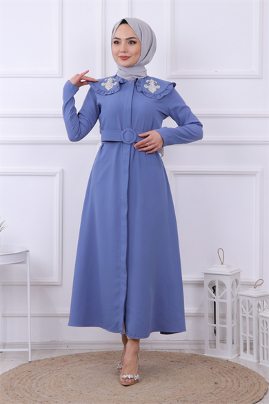 Yakası Taş İşlemeli Abaya-Ferace İndigo