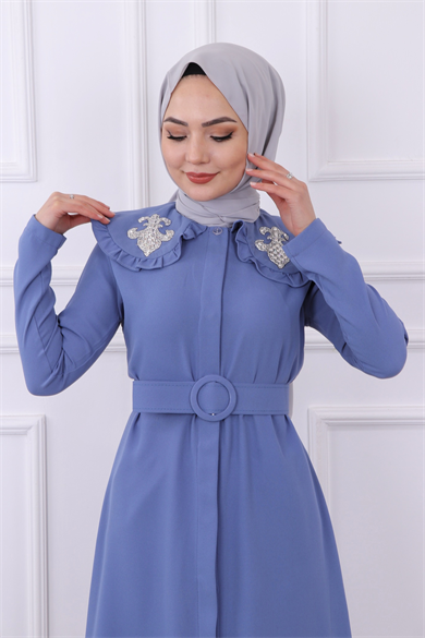 Yakası Taş İşlemeli Abaya-Ferace İndigo