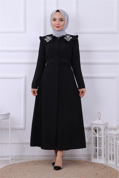 Yakası Taş İşlemeli Abaya-Ferace Siyah