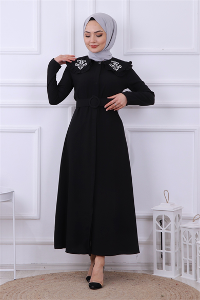 Yakası Taş İşlemeli Abaya-Ferace Siyah