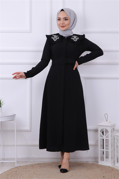 Yakası Taş İşlemeli Abaya-Ferace Siyah