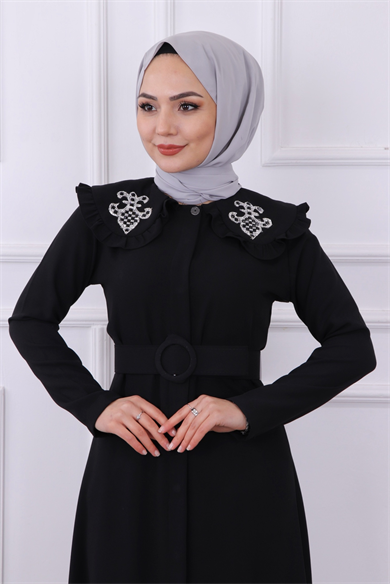 Yakası Taş İşlemeli Abaya-Ferace Siyah