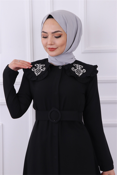 Yakası Taş İşlemeli Abaya-Ferace Siyah