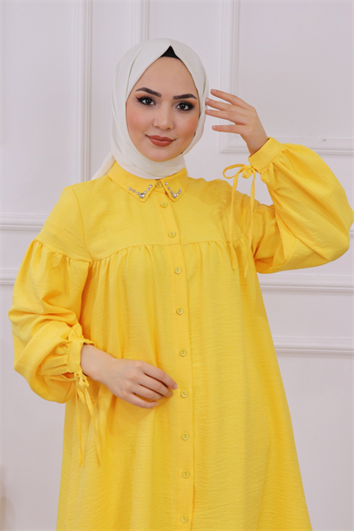 Yakası Taşlı Robalı Tunik Sarı