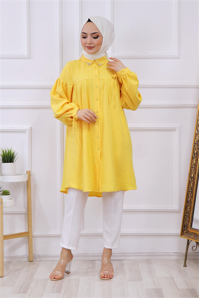 Yakası Taşlı Robalı Tunik Sarı