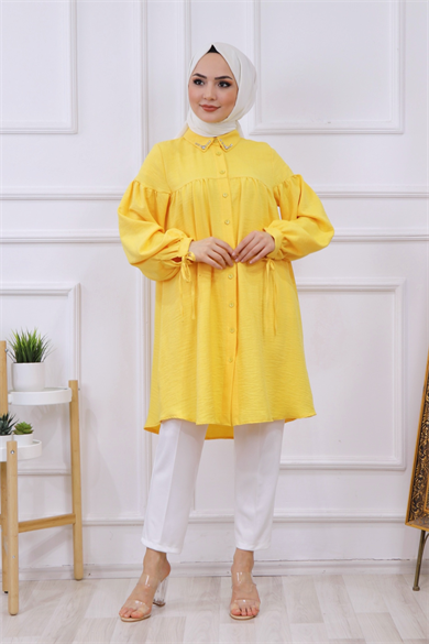 Yakası Taşlı Robalı Tunik Sarı