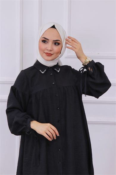Yakası Taşlı Robalı Tunik  Siyah