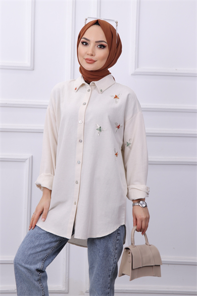 Yakası Taşlı Tunik Krem