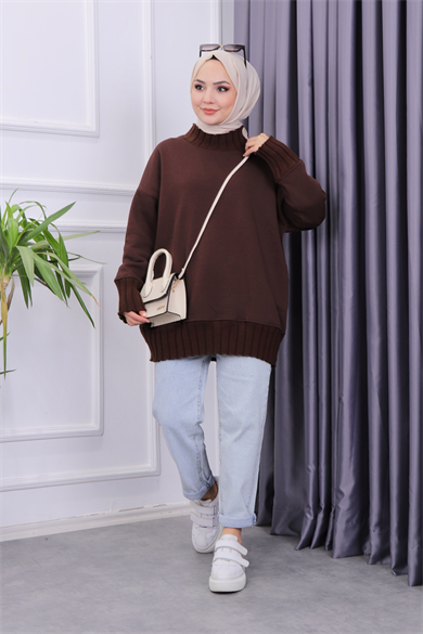 Yakası Triko Sweat Acı Kahve