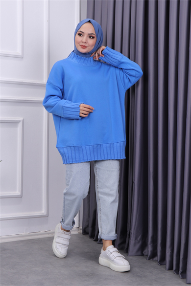 Yakası Triko Sweat Mavi