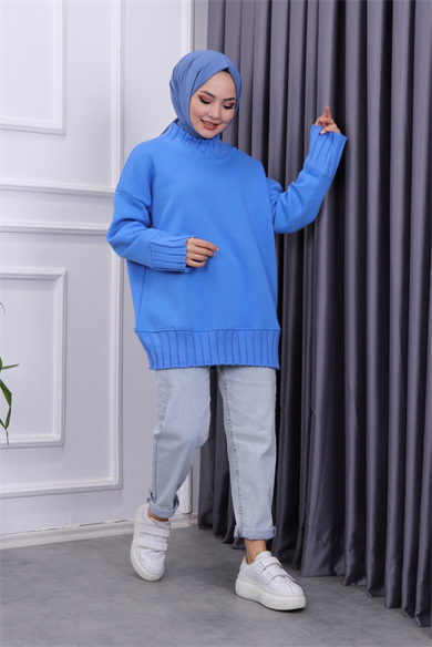 Yakası Triko Sweat Mavi