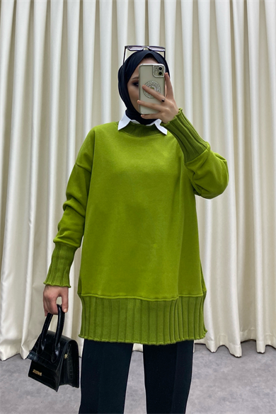 Yakası Triko Sweat Yağ Yeşili