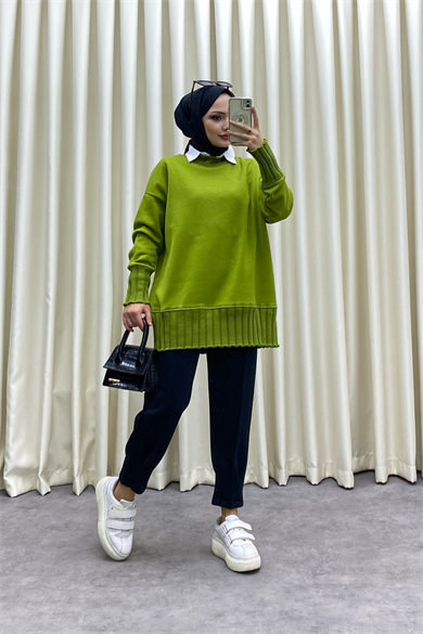 Yakası Triko Sweat Yağ Yeşili