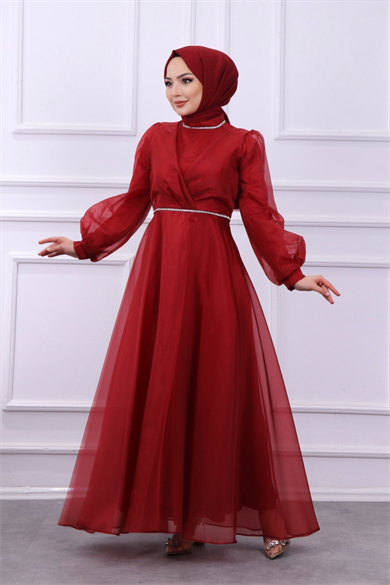 Yakası Ve Beli Taşlı Abiye Bordo 