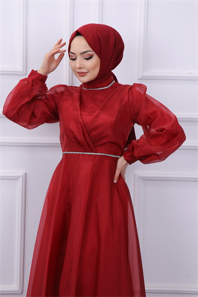 Yakası Ve Beli Taşlı Abiye Bordo 